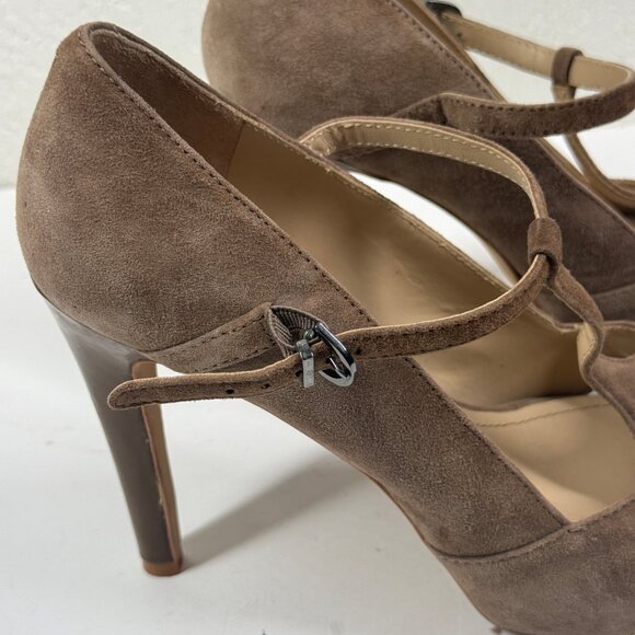 Kenneth Cole Platform Heels T-Strap Taupe Suede Peep Toe Heel Size 8.5 - Picture 2 of 14